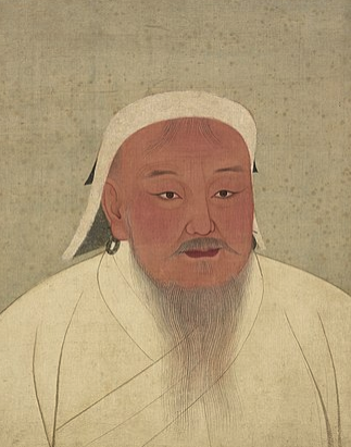 "Genghis Khan as portrayed in a 14th-century Yuan era album; now located in the National Palace Museum, Taipei, Taiwan. The original version was in black and white." (Wikipedia)