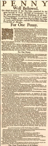 Newspaper advertisement for the first Penny Post service, explaining the service in detail. 