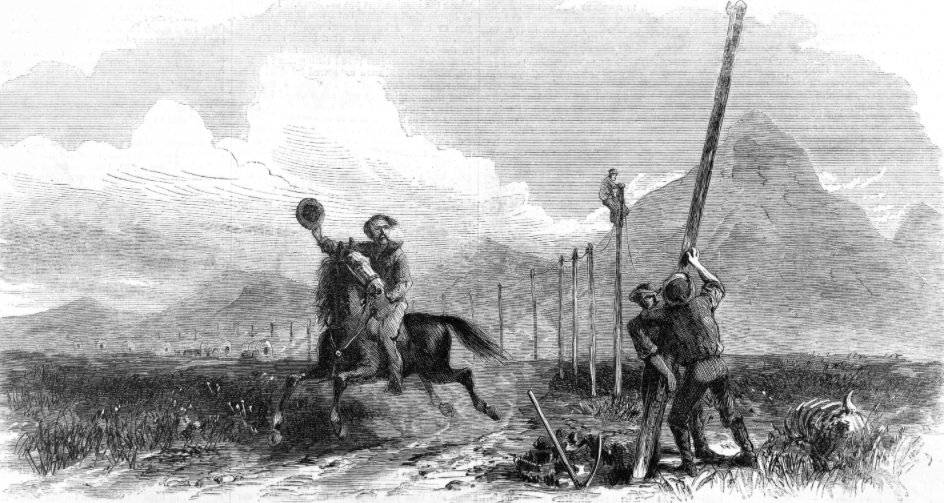 
Construction of the first Transcontinental Telegraph, with a Pony Express rider passing below. Wood engraving after George M. Ottinger (d. 1919). The transcontinental telegraph did not make the Pony Express redundant because of the high costs of sending a telegram over a long distance, but the transcontinental railroad, completed in 1861, made it far cheaper and faster to send mail over the distance in which the Pony Express briefly operated.
