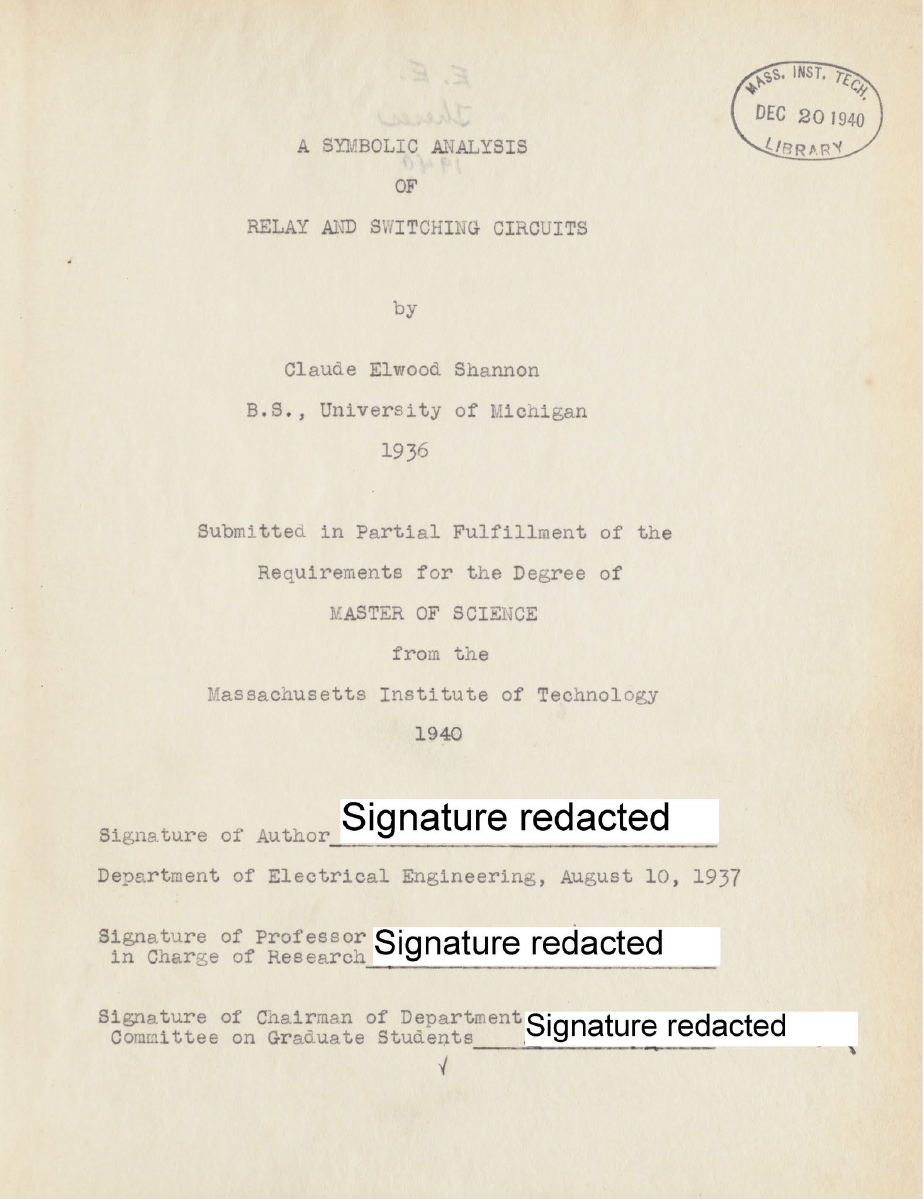 Title page of the file copy of Shannon's thesis which was digitized and is available from MIT. Note the redactions.