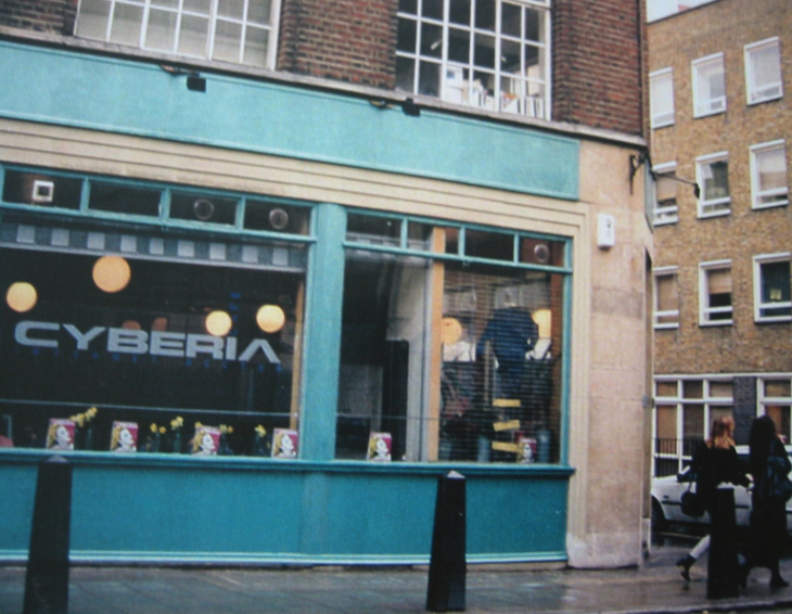 View of the Cyberia Internet cafe in London.