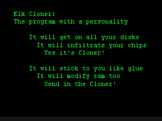 Screen shot of Elk Cloner, a boot sector virus considered the first wild virus for a personal computer.