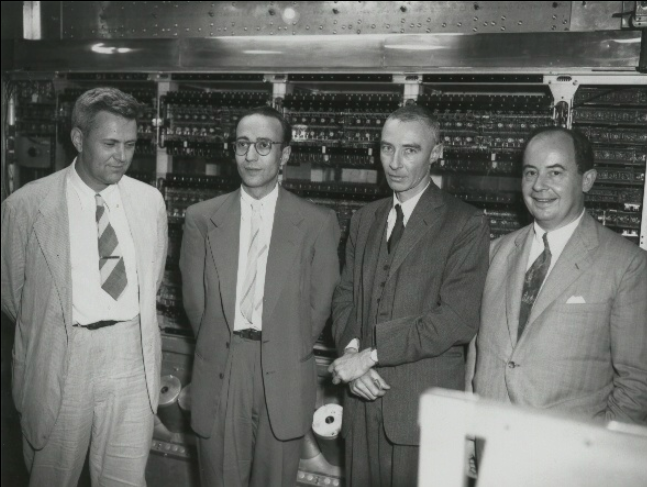 Julian Bigelow (far left) at The Princeton Institute for Advanced Study with (left to right:) Herman Goldstine, J. Robert Oppenheimer, and John von Neumann.