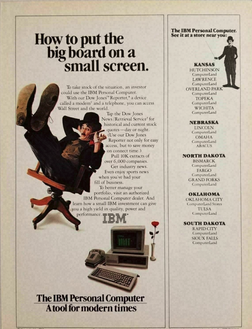 A 1982 print ad for the IBM PC featuring the Charlie Chaplin imitator, 