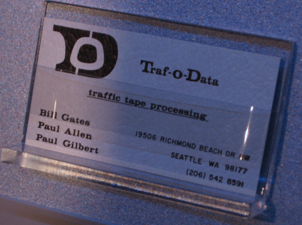 Traf-o-Data business card with the names of Bill Gates and Paull Allen from the New Mexico Museum of Natural History and Science.