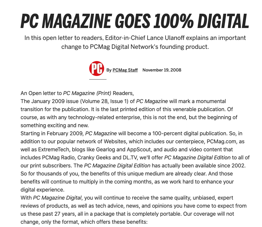 Screenshot from PC Magazine "PC Magazine Goes 100% Digital"
