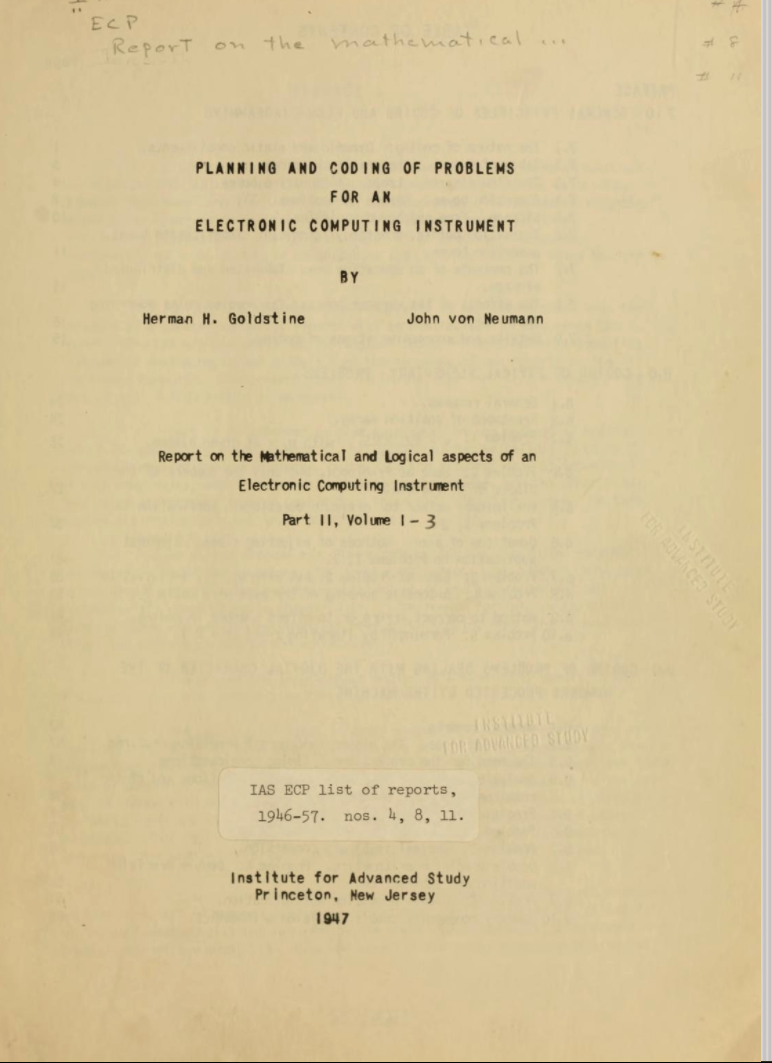 Title page of Goldstine and von Neumann's Planning and Coding....