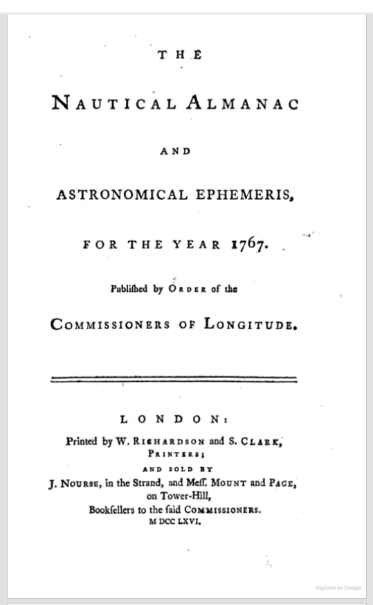 Title page of the first edition of the Nautical Almanac