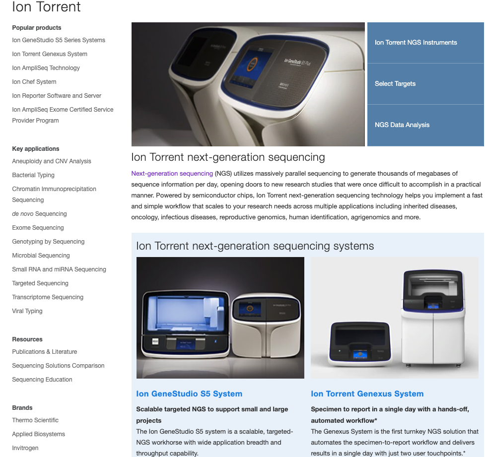 Screenshot of Ion Torrent products from their website as a division of ThermoFisher, image taken in September 2020