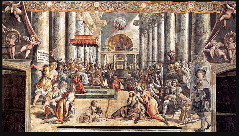 The Donation of Constantine painted c. 1520-1524 by an artist or artists in the School of Raphael, preserved in the Vatican Museums