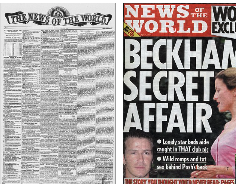 First issue of The News of the World compared with a 2020 issue published before the paper shut down.