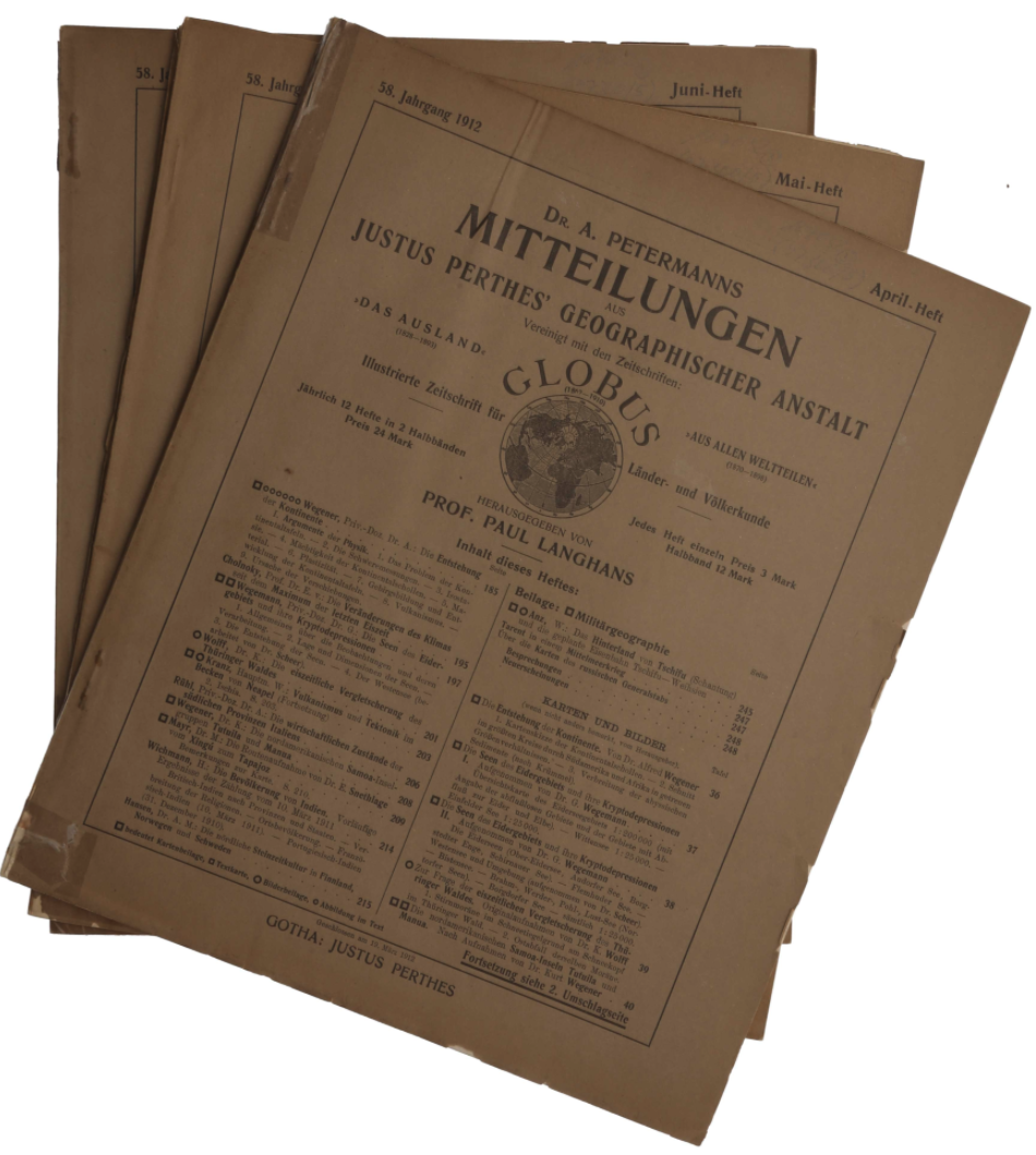 The separate issues of Petermanns Mitteilungen containing the first edition of Wegener's first paper on continental drift.