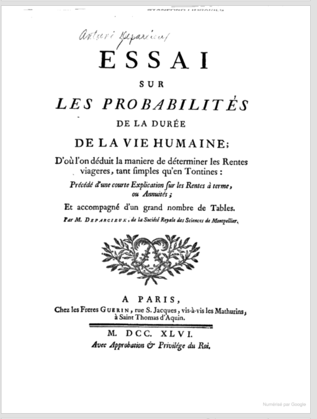 Title page of Deparcieux's book on probabilities
