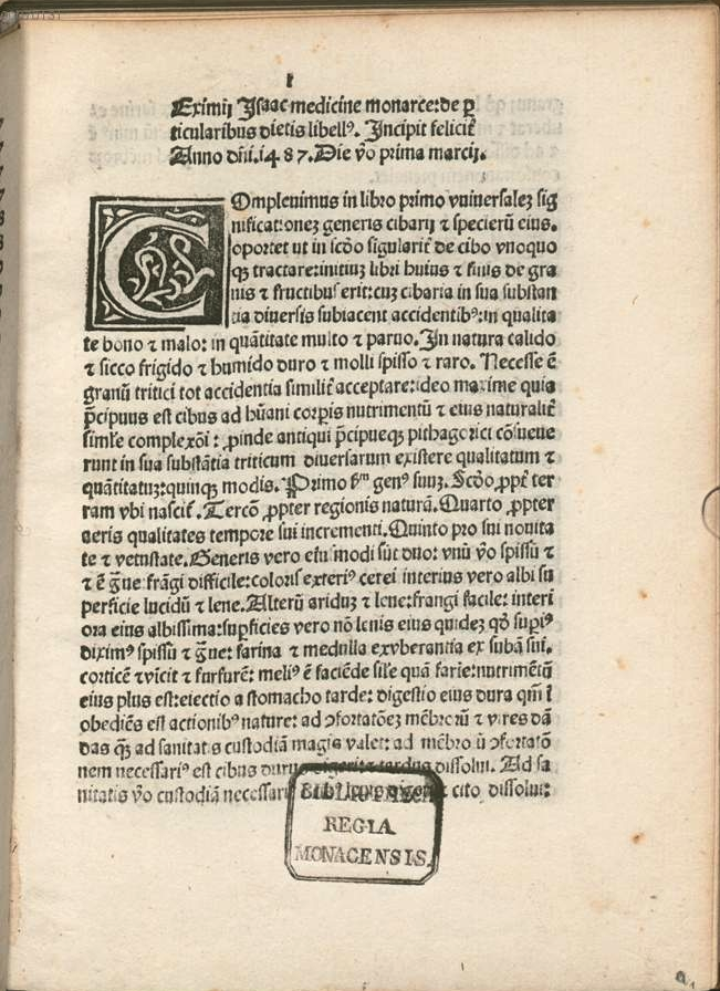 First leaf of text, after the subject index, of Isaac Judaeus' De particularibus diaetis.