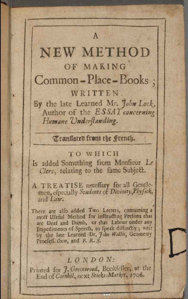 Title page of John Locke's A new method of making common-place-books