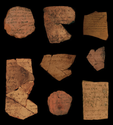 Letters inscribed on pottery shards, formally called ostracons, unearthed in an excavation of a fort in Arad, Israel. These date to about 600 BCE.