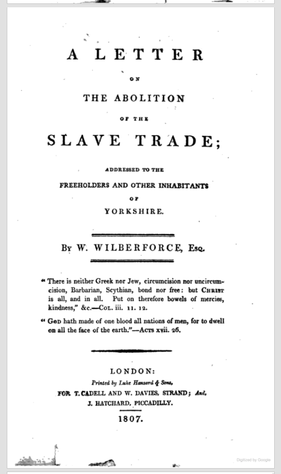 Title page of Wilberforce, A Letter on the Abolition of the Slave Trade