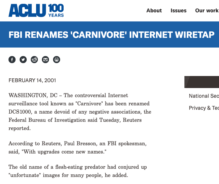 ACLU FBI Renames "Carnivore" 