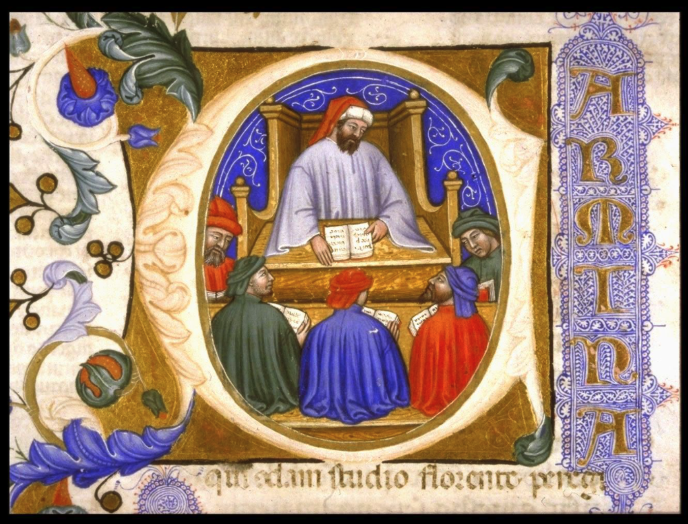 Boethius teaching. An histgoriated initial in an Italian manuscript of Boethius's Consolation of Philosophy, dated 1385. MS Hunter 374 (V.1.11). Glasgow University Library.