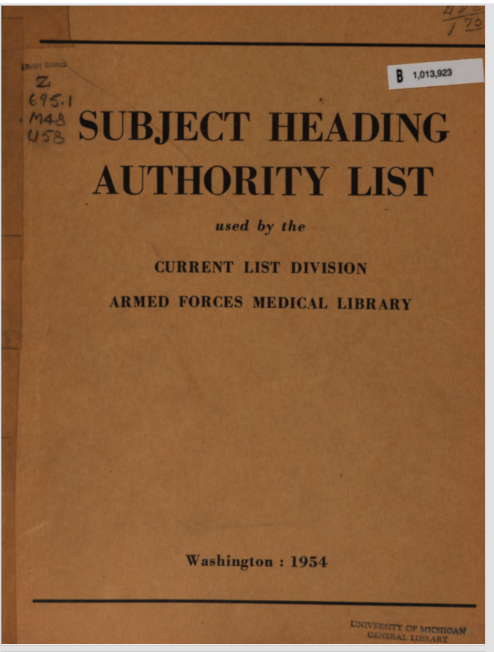 Cover of the Subject Heading Authority List (1954)