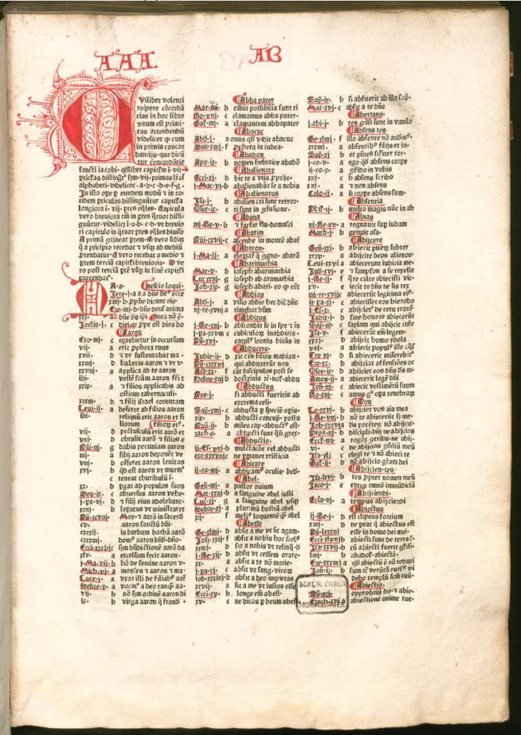 Opening page of a beautifully rubricated copy of the edition of Conradus de Alemania's Concordantia bibliorum  printed in Reutlingen, Germany by Michael Greyff [not after 1481].