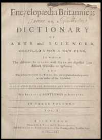 Title page of the first volume of the first edition of the Encyclopaedia Britannica. National Library of Scotland.