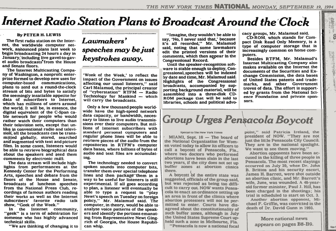 NY Times article on the first national Internet Radio Station