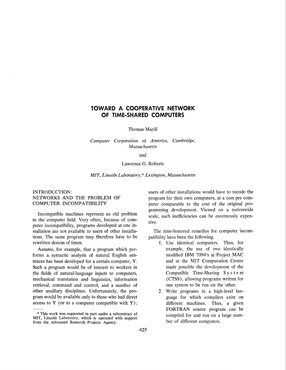 Roberts and Marill Towards a Cooperative Network of Timesharing Computers