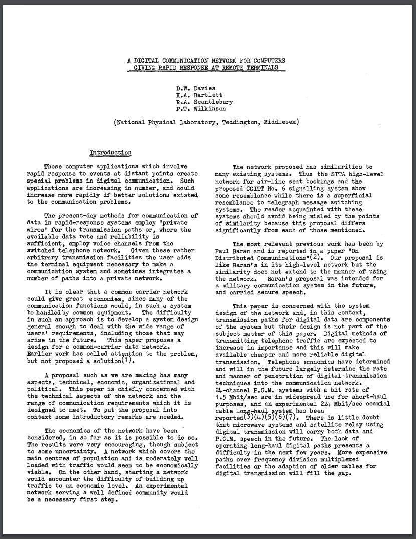 First page of "A Digital Communication Network for Computers Giving Rapid Response at Remote Terminals