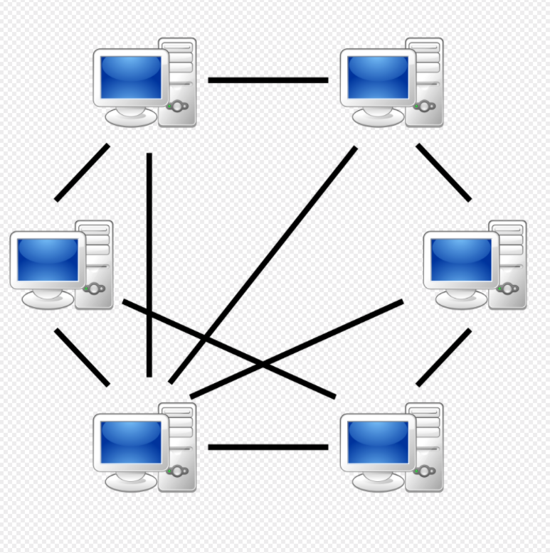 A peer-to-peer (P2P) network in which interconnected nodes ("peers") share resources amongst each other without the use of a centralized administrative system