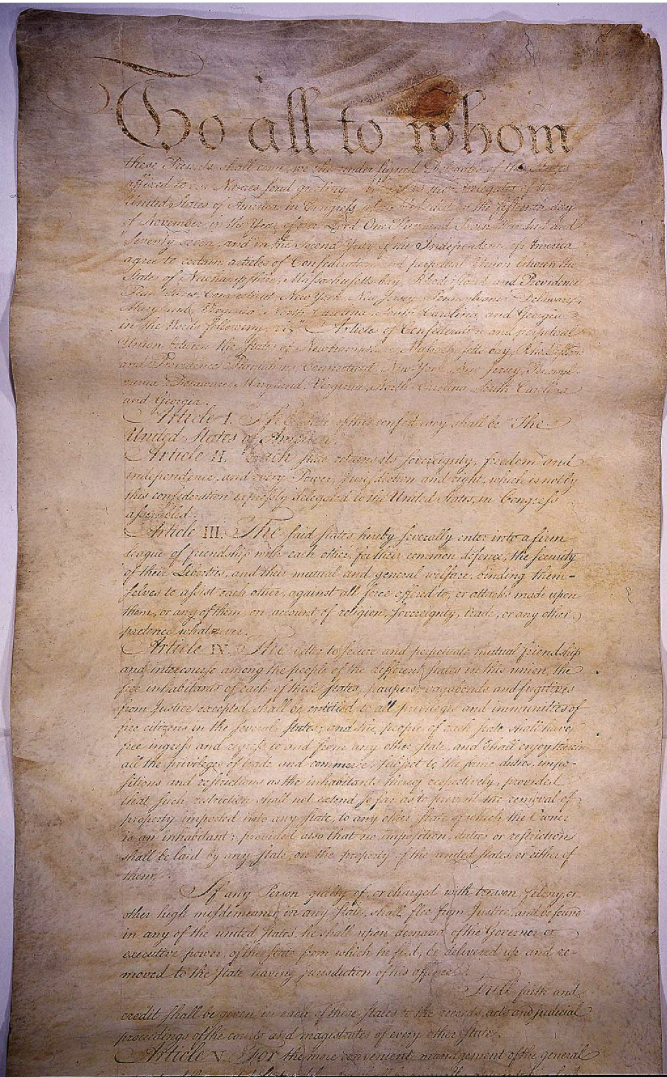 The original manuscript of the Articles of Confederation, ratified in 1781. 