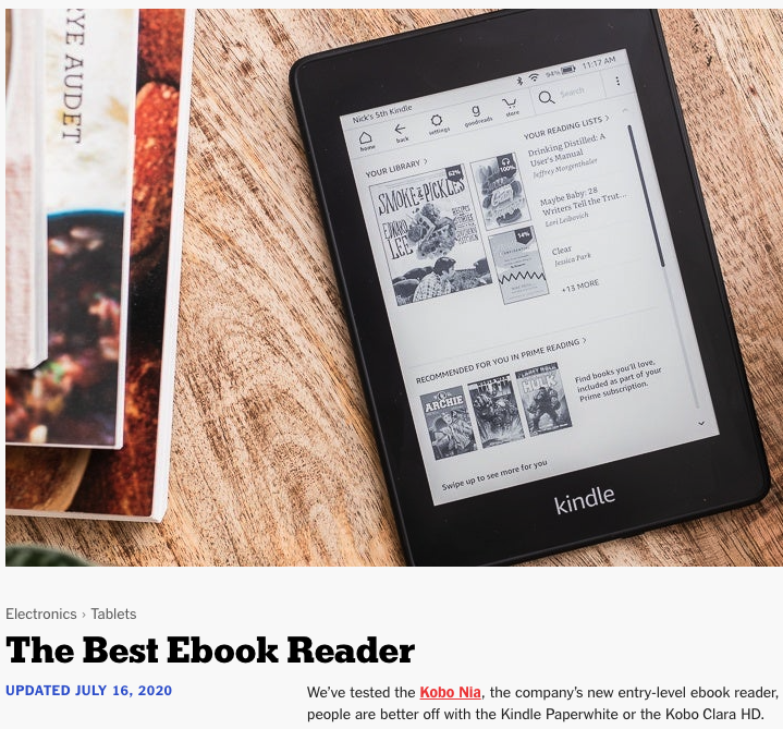 Screenshot of a portion of The New York Times July 16, 2020 review of "The Best Ebook Reader"