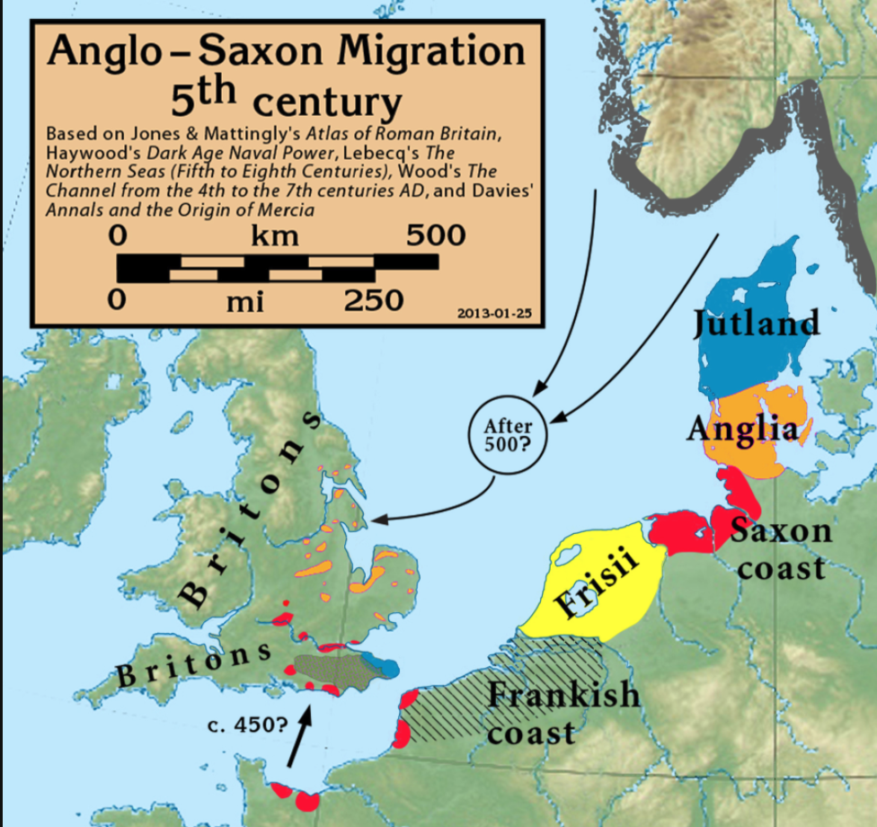 Map of The migrations according to Bede, who wrote some 300 years after the event; there is archeological evidence that the settlers in England came from many of these continental locations