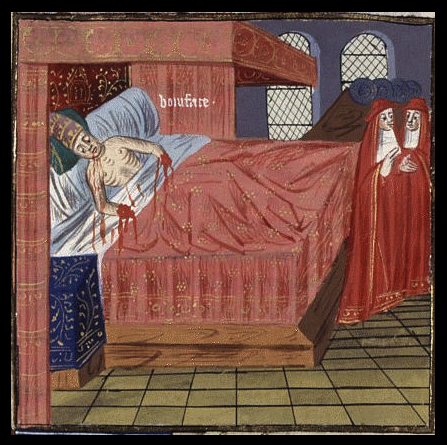Depiction of the death of Boniface in a 15th-century manuscript of Boccaccio's De Casibus