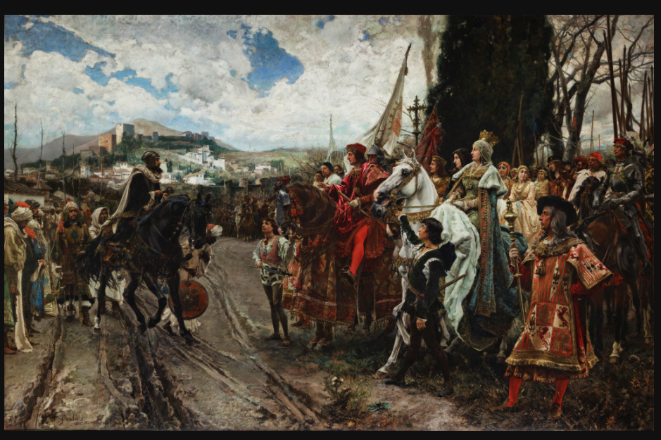 The Capitulation of Granada by Francisco Pradilla Ortiz.  In the painting Muhammad XII (Boabdil) surrenders to Ferdinand and Isabella. 