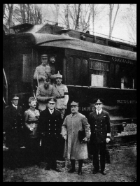 Photograph taken after reaching agreement for the armistice that ended World War I. This is Ferdinand Foch's own railway carriage in the Forest of Compiègne. 