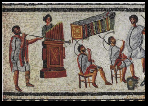 Detail of musicians playing a Roman tuba, a pipe organ (hydraulis), and a pair of cornua, From the  Zliten mosaic, a Roman floor mosaic from about the 2nd century AD, found in the town of Zliten in Libya, on the east coast of Leptis Magna.Archaeological Museum of Tripoli, Tripoli, Libya.
