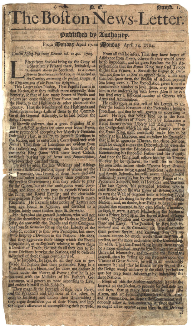 Extremely rare first number of The Boston News-Letter, April 24, 1704. From the collections of the Massachusetts Historical Society