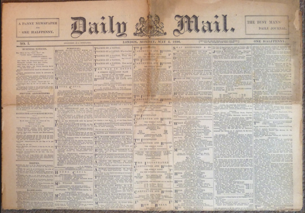 Upper half of the first issue of the Daily Mail, showing the original masthead