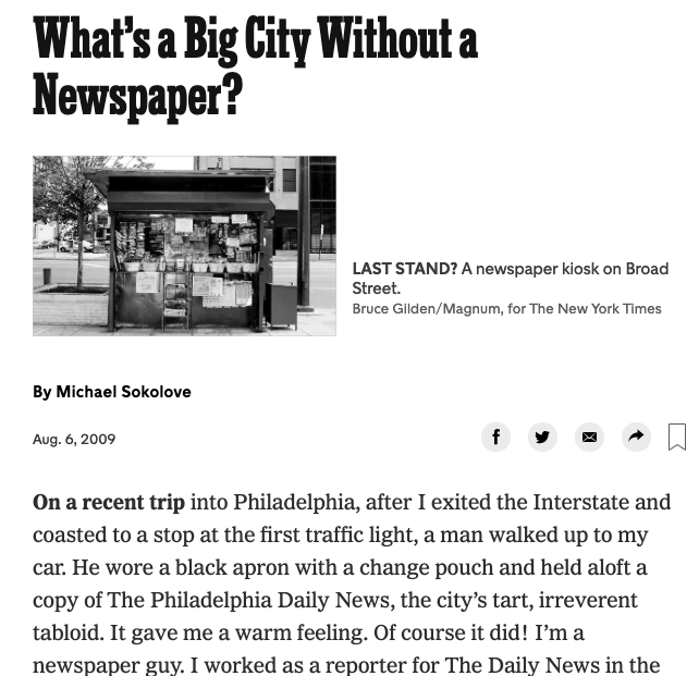 NY Times screenshot, What's a Big City Without a Newspaper?