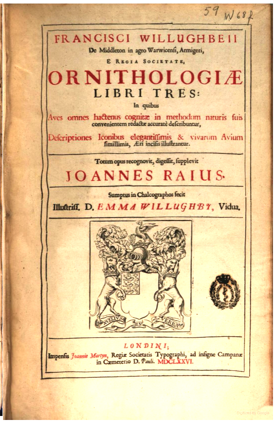 Title page of Willoughby's Ornithologiae