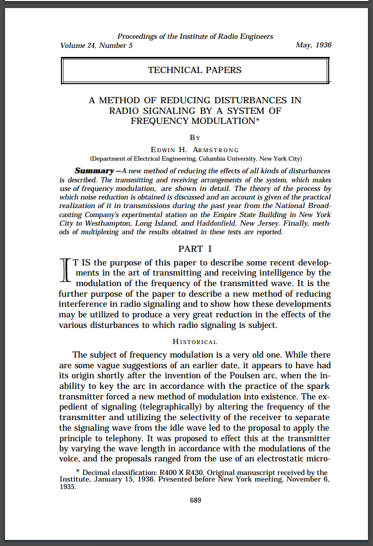 First page of Armstrong's paper on frequency modulation