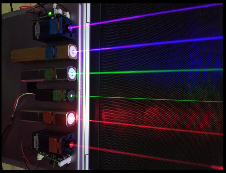 Red (660 & 635 nm), green (532 & 520 nm) and blue-violet (445 & 405 nm) lasers