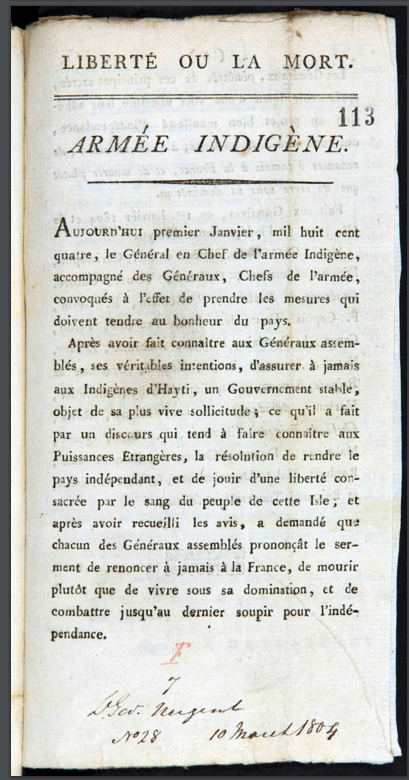 The only known copy of Liberté ou la Mort, the Haitian declaration of independence.