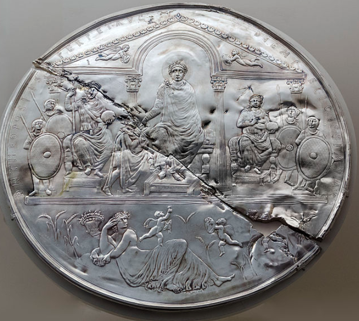 Commemorative disc of the Emperor Theodosius I, made in silver and found in 1847 in Almendralejo (Badajoz, Spain). This photo is of a replica exhibited in the National Museum of Roman Art in 