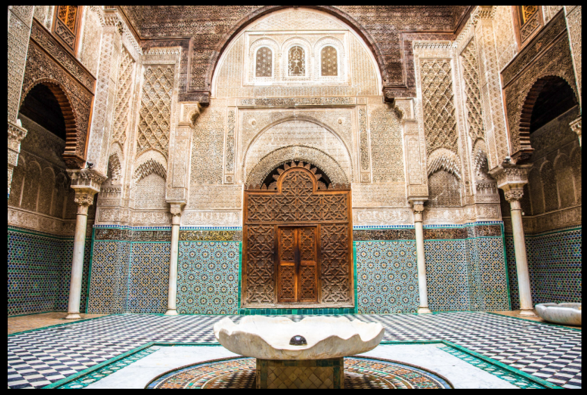 Interior view of Al-Attarine Madrasa built by the Marinid sultan Abu al-Hassan in Fez, Morocco in1323–1325.