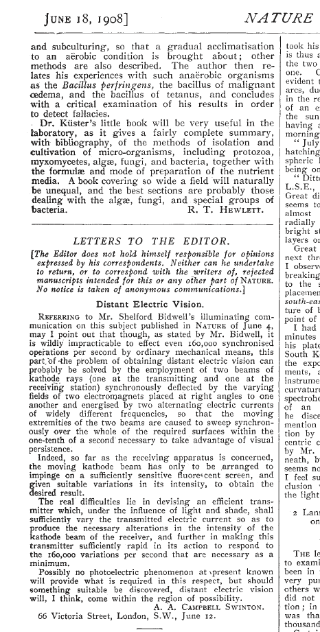 Campbell-Swinton's June 18, 1908 letter as it appeared in the journal Nature.