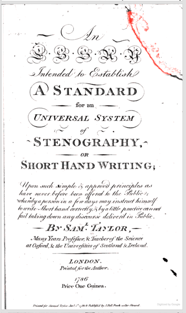 Title page of Taylor's An essay intended to establish a standard for an universal system of stenography