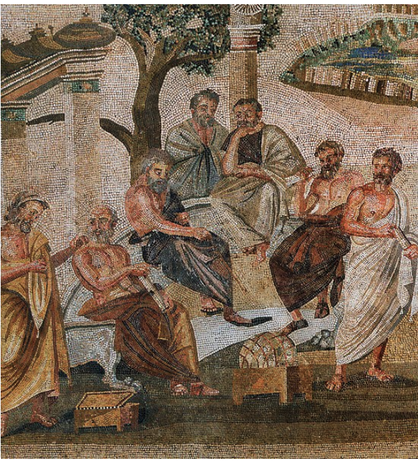 Plato surrounded by his students at the Academy. Roman mosaic of the 1st century BCE from Pompeii, now at the Museo Nazionale Archologico, Naples.