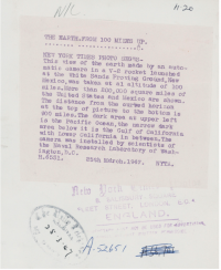 Back of the press photograph sold at Christie's in November 2020 including the ditto'd caption and press service date stamps.